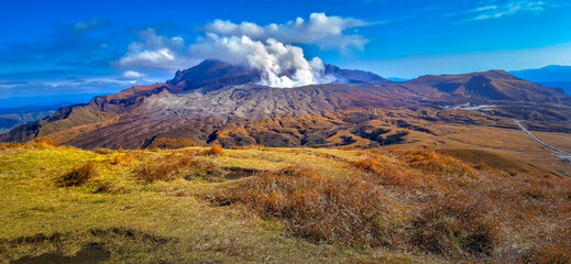 Mount Aso, or Aso Volcano, the largest active volcano in Japan stands in Aso Kuju National Park in Kumamoto Prefecture, Kyushu, Japan
