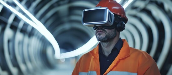 Engineers in safety gear using virtual reality technology for inspecting industrial tubes with space for text and branding
