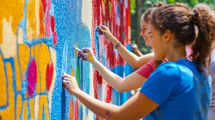 Fototapeta premium Diverse Team of Volunteers Painting a Colorful Mural Outdoors