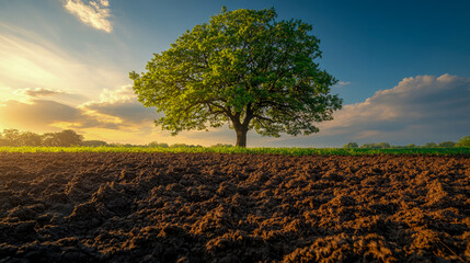 Obraz premium Solitary Tree in a Ploughed Field at Sunset: A Serene Rural Landscape