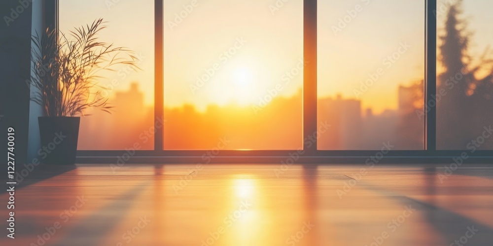 Poster elegant sunset view from modern home interior with spacious floor and copy space for text usage