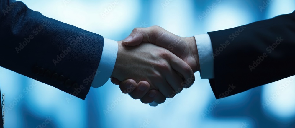 Poster engineers shaking hands in a professional industrial setting with space for text overlay and collabo