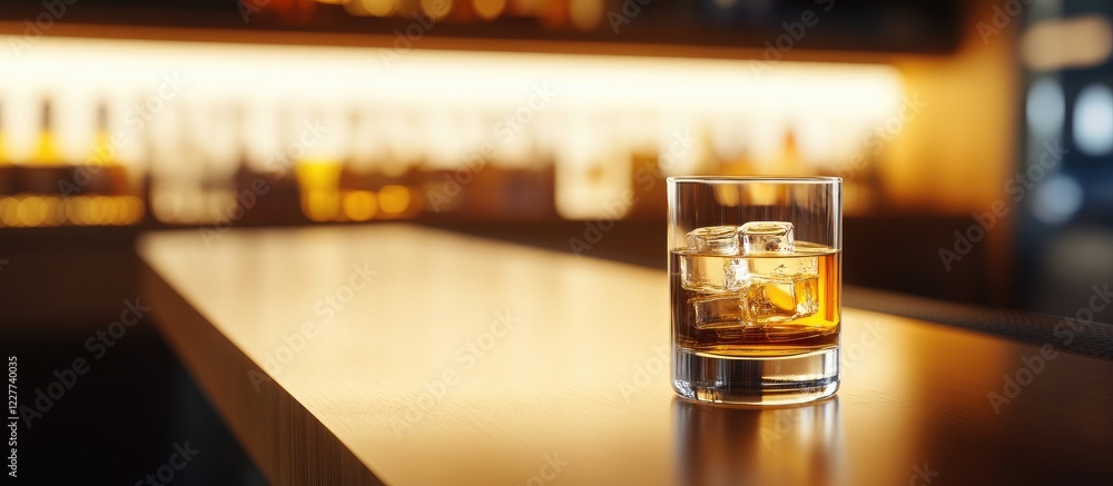 Poster glass of tequila on bar counter with ice illuminated by warm lighting and empty space for creative t