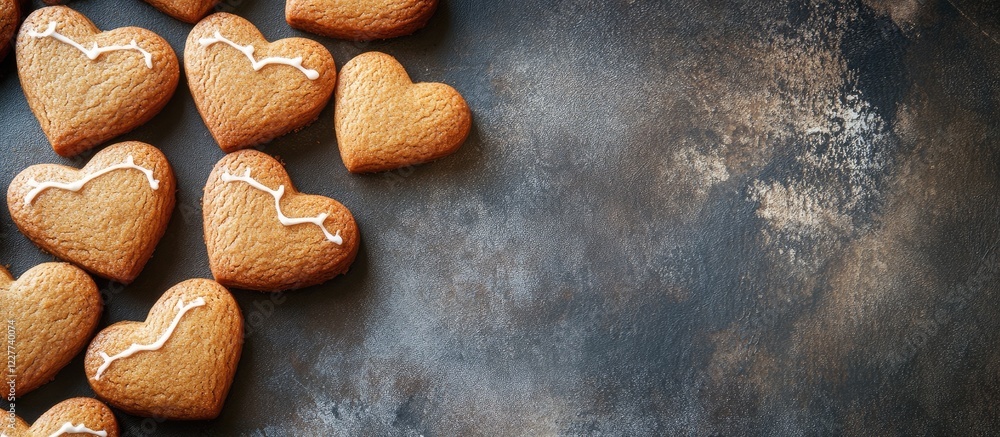 Poster glazed gingerbread heart-shaped cookies on dark background with empty space for holiday text or reci