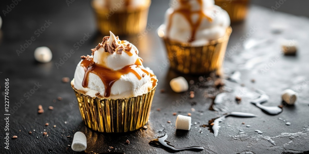 Poster elegant golden dessert cups filled with marshmallow ice cream and caramel drizzle on a dark surface 