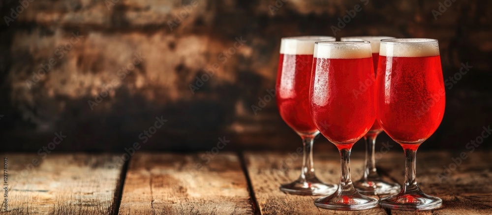 Poster glasses of red gluten free beer on rustic wooden table with ample copy space for text and artistic b