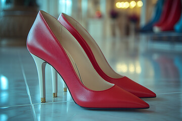 Luxurious red high heels with pointed toes in stylish store setting