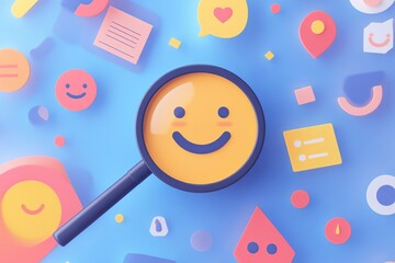 An illustration of a feedback survey for customer satisfaction, featuring a magnifying glass pinpointing a smiley face among various emoticons. 