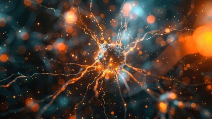 Abstract representation of neural connections with vibrant glowing particles in a digital space