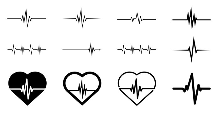 Ensemble d'ic&ocirc;nes cardiogramme, domaine m&eacute;dical, &eacute;tude du c&oelig;ur, cardiologie, unicolore, vecteur