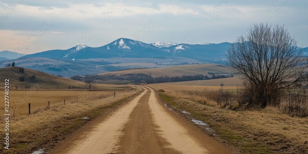 Poster serene rural road winding through fields leading to distant snow-capped mountains with ample space f