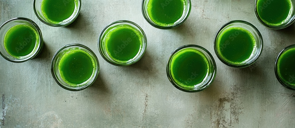 Poster glasses of vibrant green smoothies arranged on a textured table with ample empty space for customiza