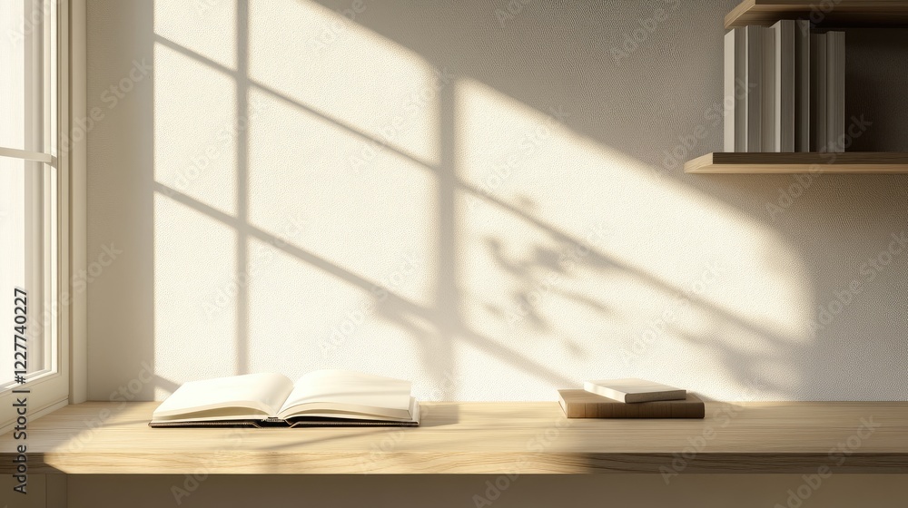 Aufkleber sunlit minimalist reading room with wooden desk open book and empty space for text highlighting sere