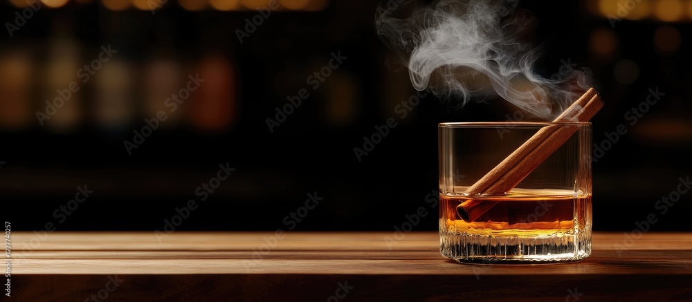 Poster whiskey glass with smoking cinnamon stick on bar counter showcasing vapor and empty space for custom