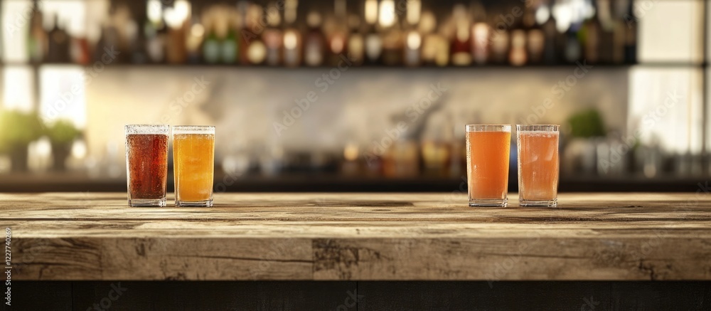 Poster glasses of assorted drinks on a rustic wooden bar counter with a blurred bar backdrop and ample empt