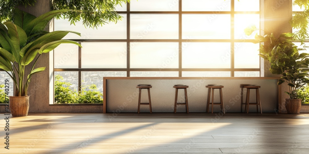 Poster spacious bar interior with empty stools and panoramic windows ideal for text space and natural light