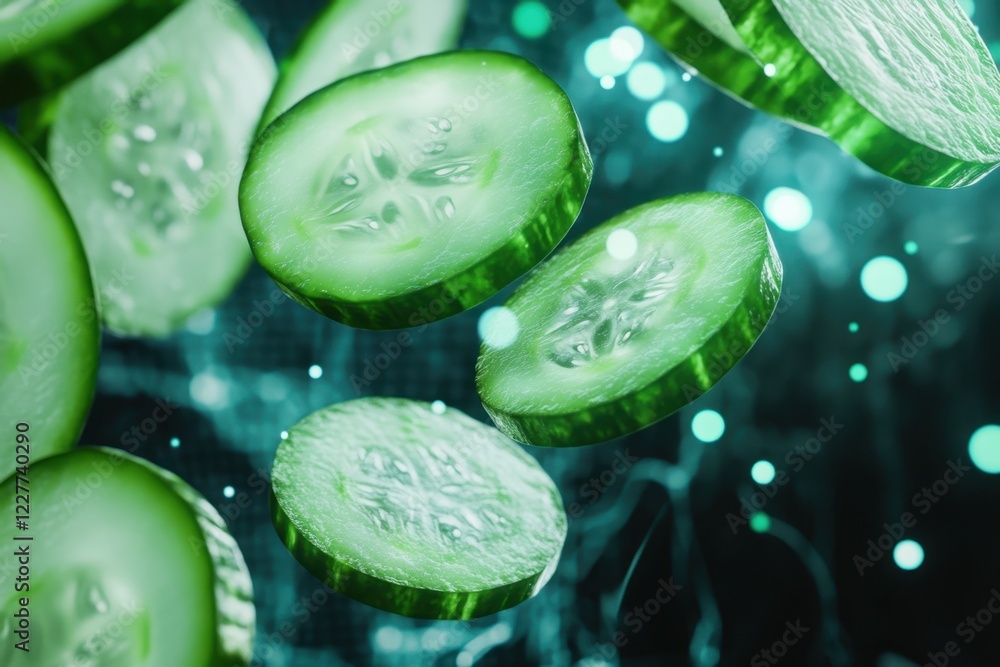 Poster floating cucumber slices against a dark background with glowing light effects in the scene