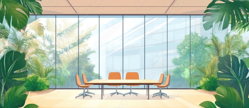 Poster modern glass office partition with meeting room and lush greenery surroundings featuring empty space