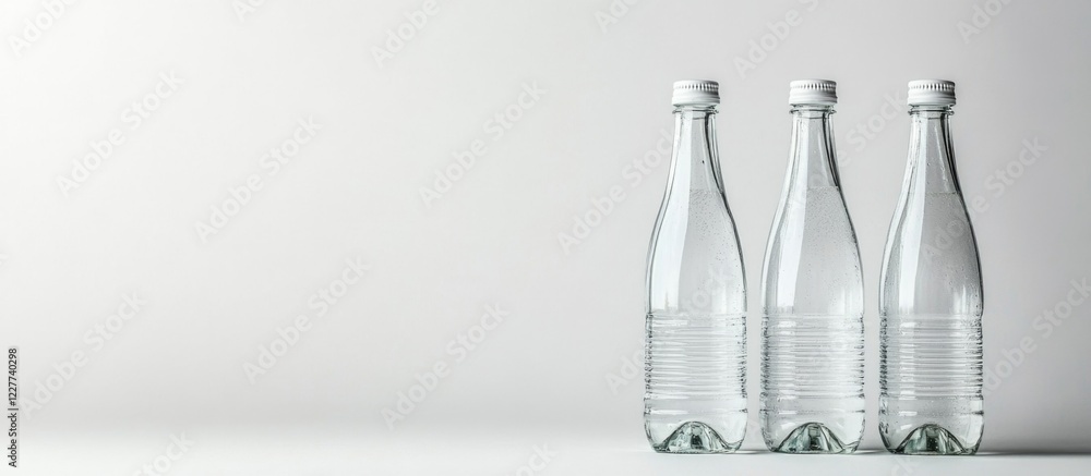 Poster Transparent Glass Water Bottles Isolated on White Background with Ample Space for Customizable Text or Branding Elements