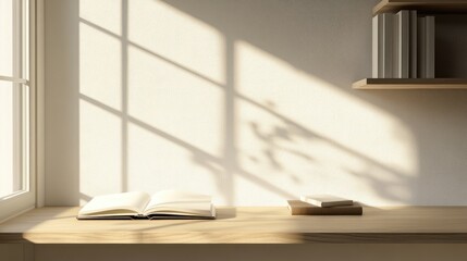 Sunlit minimalist reading room with wooden desk open book and empty space for text highlighting serene interior design and natural light