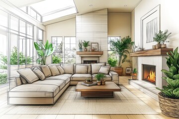 Cozy living room with modern design, plants, and fireplace