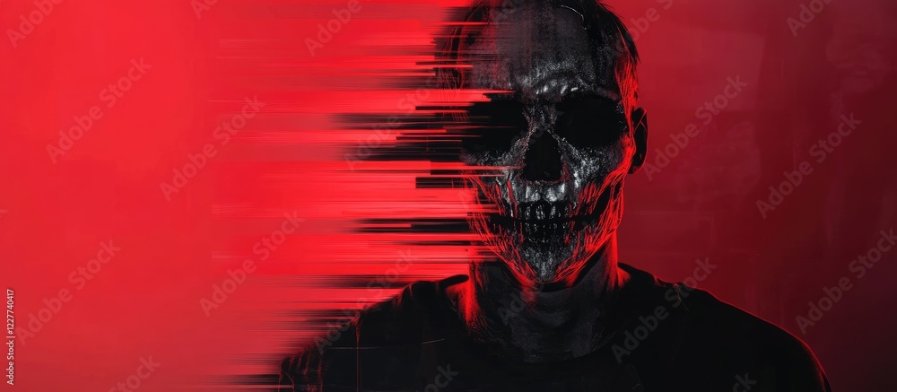 Poster glitch effect skull character with dark background and empty space for text in a horror theme for cr