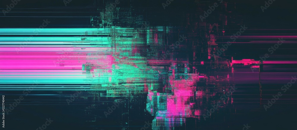 Poster glitch art background with digital distortion in vibrant colors and copy space for creative text use