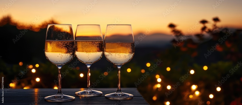 Poster elegant sparkling wine glasses illuminated by string lights during sunset with a serene night sky an