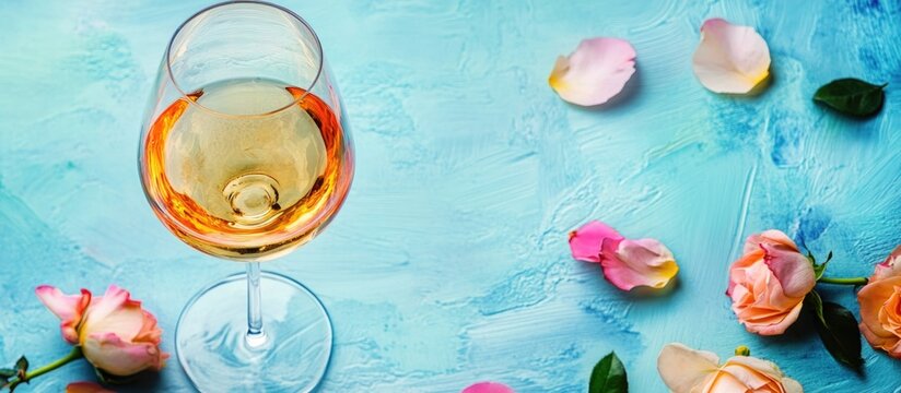 Romantic setting with a glass of white wine and rose petals on a blue background ideal for love-themed invitations or announcements