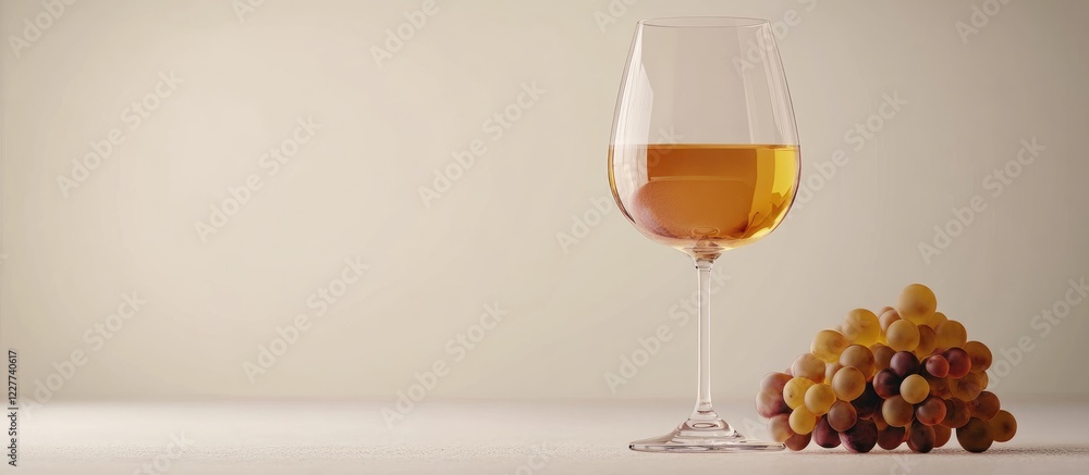 Poster glass of natural wine next to grapes with soft background offering ample space for text or branding 
