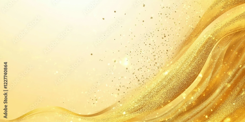 Poster golden glittering background with flowing waves and ample space for text or design elements, perfect