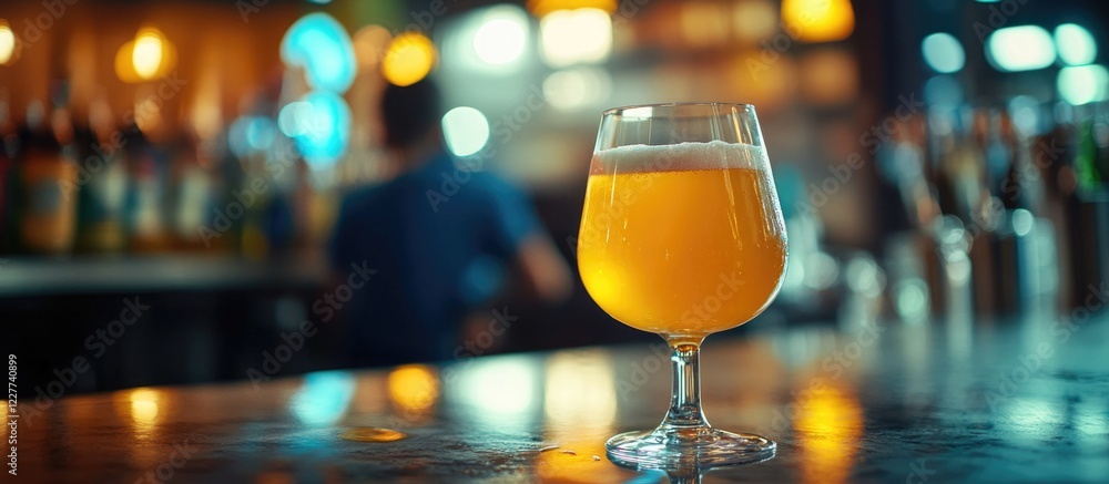Aufkleber glasses of honey wine on bar countertop with blurred figures in background and empty space for adver