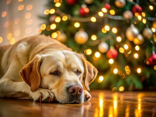 Christmas Labrador Retriever Sleeping Under Tree - Festive Dog Stock Photo