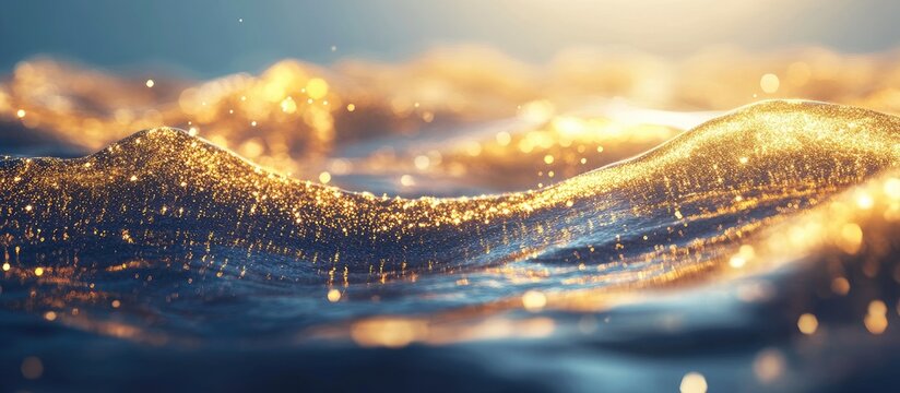 Golden shimmering waves cascading into deep blue water with blank space for customizable text and design elements.