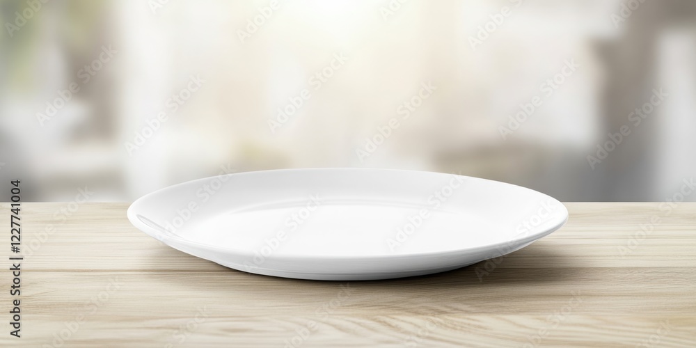 Poster empty white ceramic plate on wooden table with blurred background offering ample space for text and 