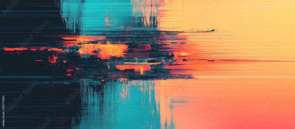 Poster glitch abstract background in blue and orange hues with blank space for text overlay and creative de