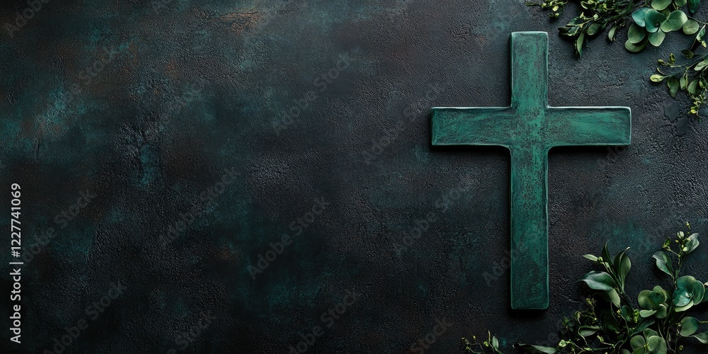 Poster elegant dark canvas featuring a green cross and floral elements with ample space for personalized te