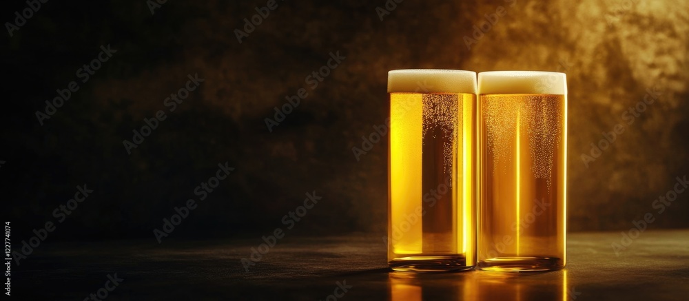 Aufkleber crisp light beer glasses on dark background with foam top and empty space for branding or text