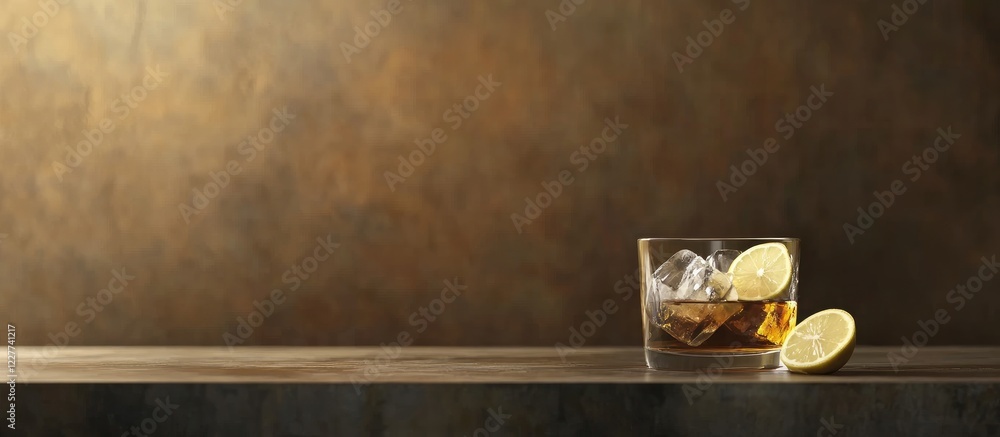 Poster whiskey glass with ice and lemon slice on counter displaying warm tones and ample space for text or 