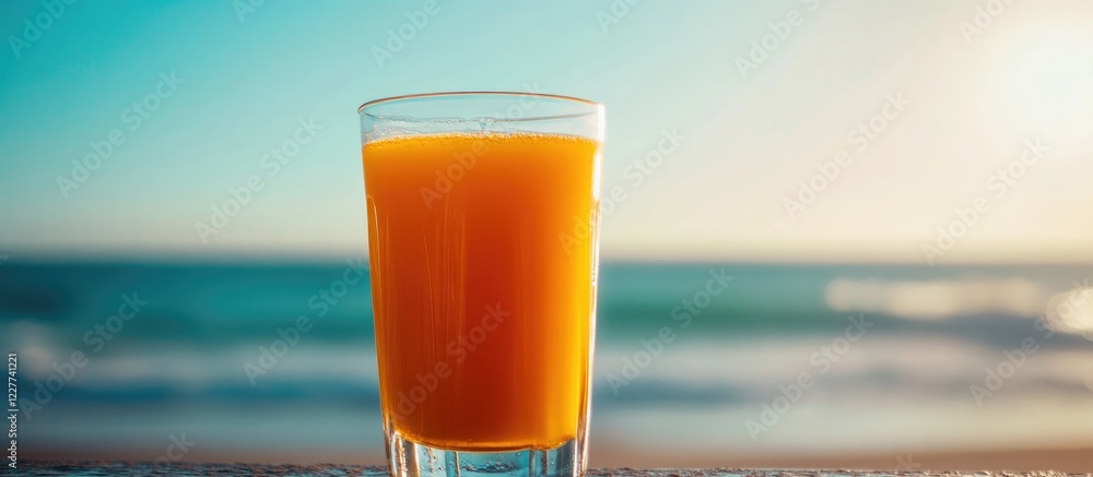 Aufkleber fresh orange juice in a glass with a blurred beach background and ample empty space for text or adve