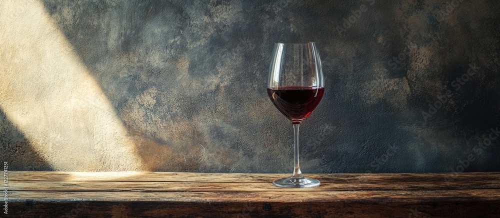 Poster elegant glass of red wine resting on a rustic wooden table against a textured wall with empty space 