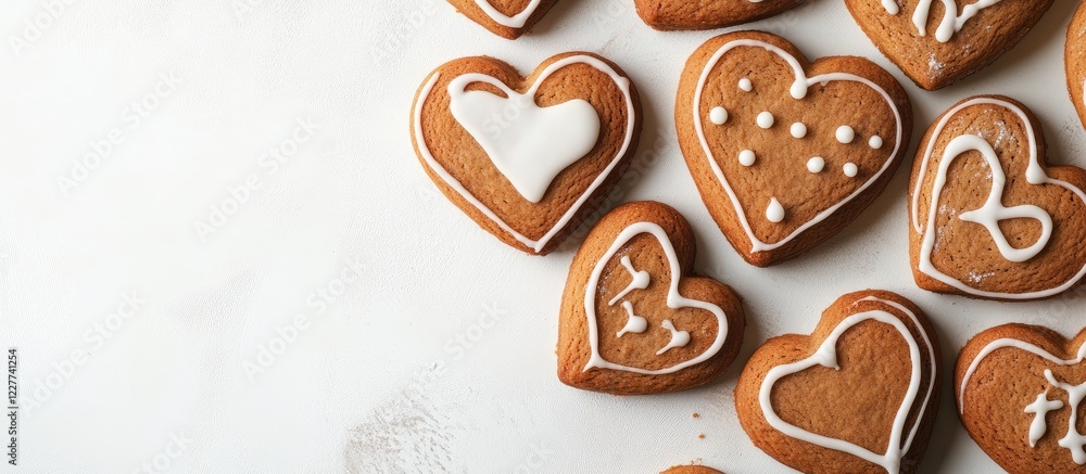 Poster heart-shaped glazed gingerbread cookies on surface with empty space for text and decoration