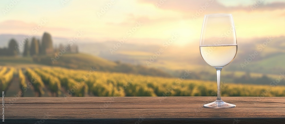 Poster white wine glass on rustic table with blurred vineyard backdrop ideal for postcard design featuring 