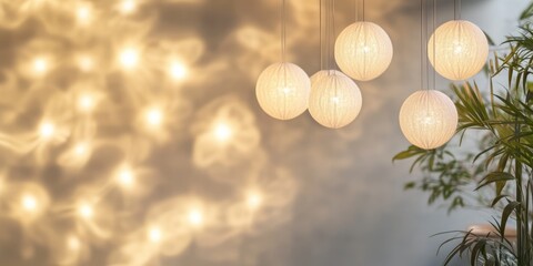 Elegant interior design featuring stylish pendant lights and soft bokeh backdrop creating inviting atmosphere for text inclusion