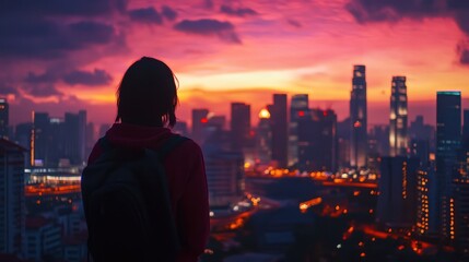Fototapeta premium Silhouette of a Woman Admires a Vibrant Cityscape at Sunset