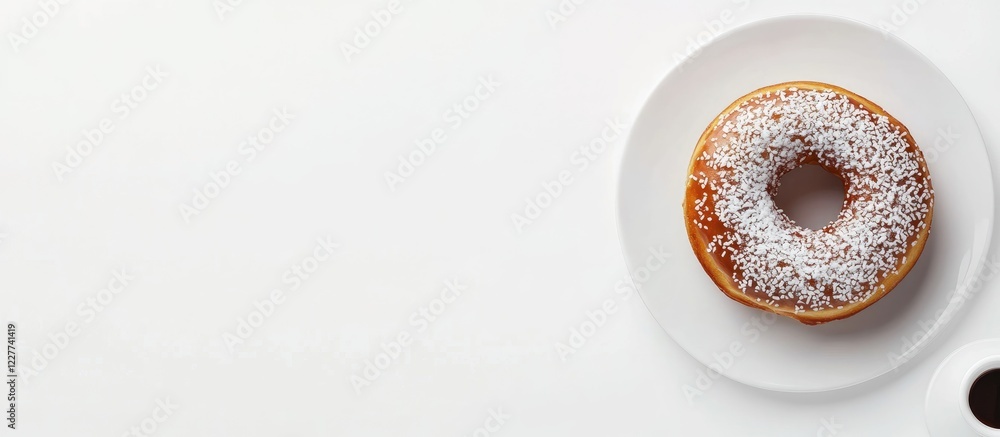 Poster glazed donut on white plate with powdered sugar topping and empty space for text on a clean white ba