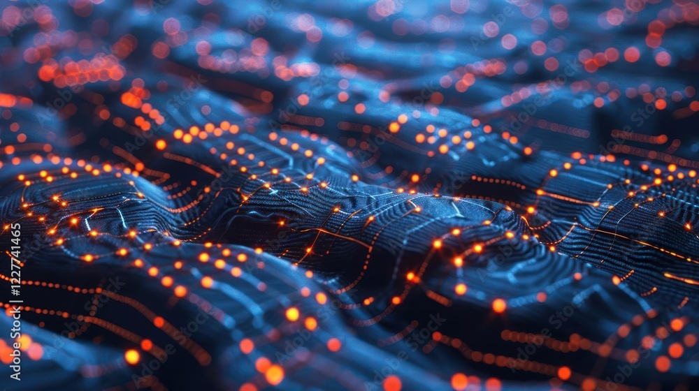 Poster abstract representation of flowing data with glowing nodes on a dark background, suggesting connecti