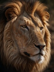 Fototapeta premium Lion Portrait: Regal Majestic Predator in Golden Profile Against Blurred Background