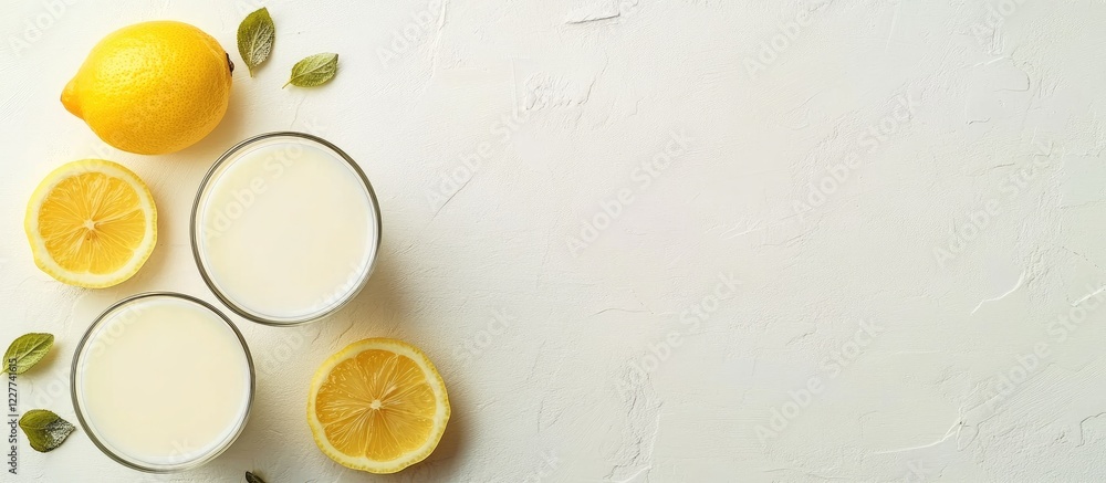 Poster fresh milk and lemon slices arranged on a white table with ample copy space for text showcasing a re