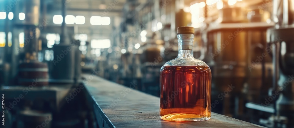 Poster glen flagon bottle with liquor in distillery showcasing industrial setting and ample empty space for